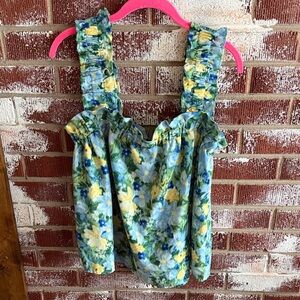 Blu Pepper Coquette Ruffle Spring Floral Blouse SZ L Square Neck Babydoll Tank